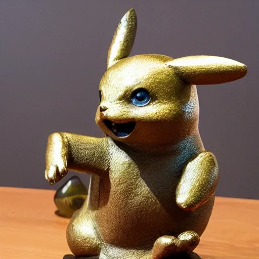 Prompt: an abstract sculpture of pikachu made of bronze