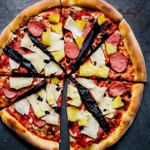 Image similar to pizza with cigarette buts and ash, raw chicken fillets, pineapple slices, with chocolate sauce and sprinkled with confetti