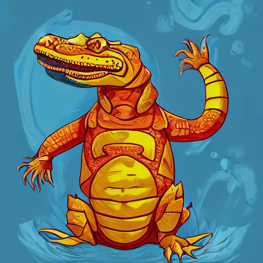 Prompt: in the style of taran fiddler, loish and ross tran, cartoon anthropomorphic alligator, symmetrical face, symmetrical eyes, red scales on his back, yellow scale on his belly and chest, male, waring a hawaiian shirt, cgsociety