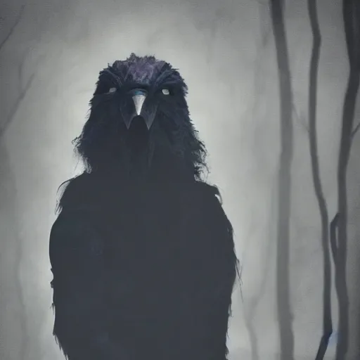 Image similar to werecreature consisting of a crow and a human, featured on artstation, photograph captured in a dark forest