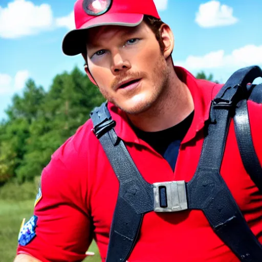 Image similar to chris pratt dressed as mario in a navy seal fire fight