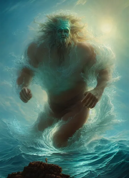 Prompt: a titan wandering through the ocean, ice coming out of his body, in the style of tomasz alen kopera and fenghua zhong and peter mohrbacher, mystical colors, rim light, beautiful lighting, 8 k, stunning scene, raytracing, octane, trending on artstation