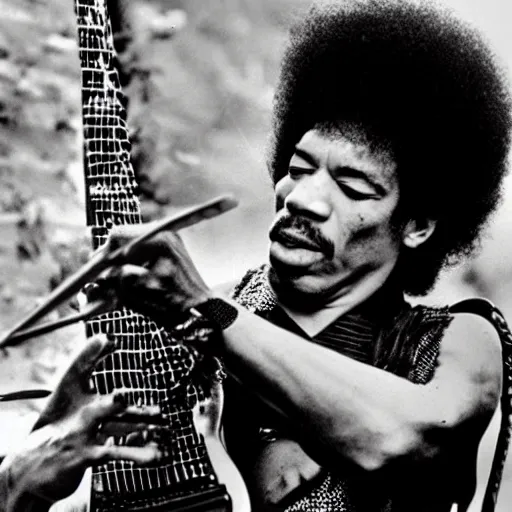 Image similar to jimi hendrix playing a lizard guitar, color photo, cinematic