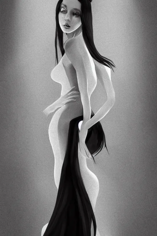 Prompt: ultra realist soft painting of a single beautiful princess in a full long curvy slim dress, thin long auburn hair, very intricate details, volumetric black and white lighting, symmetry accurate anatomy features, world of Lovecraft background, unreal render