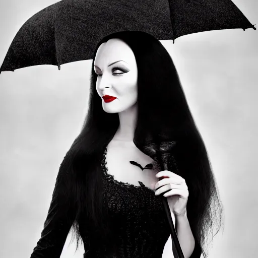 Image similar to morticia addams holding a parasol during a [ humid, rainy day ] as she saunters across the city, closeup!!!, photorealistic facial features, trending on artstation, 4 k photorealism, unsplash, shot by jimmy nelson