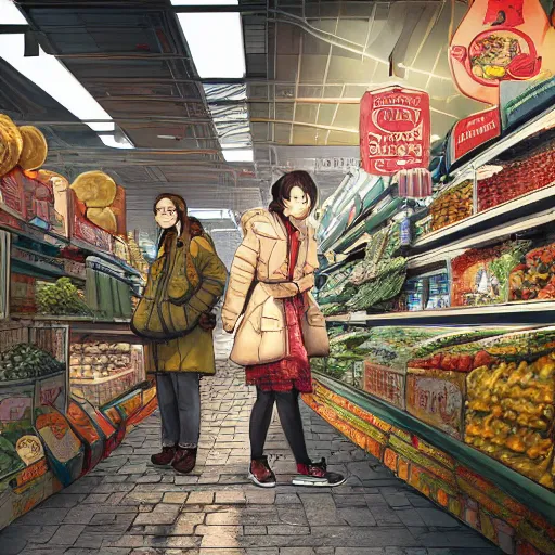 Prompt: the portrait a grocery young asia woman in down jacket, the background is a grocery store, winter, rural northeast an ultrafine hyperdetailed illustration by kim jung gi, irakli nadar, intricate linework, bright colors, octopath traveler, final fantasy, unreal engine 5 highly rendered, global illumination, radiant light, detailed and intricate environment