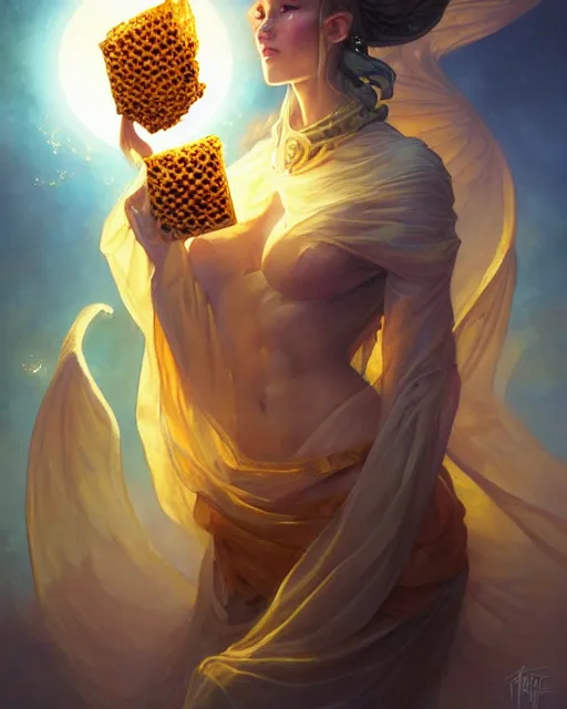 Prompt: draconic beekeeper priestess wrapped in honeycomb and silk, fantasy portrait, radiant halo of light, by peter mohrbacher, artgerm