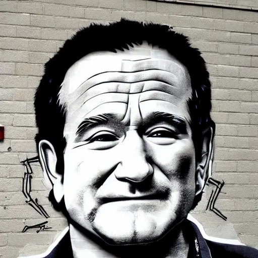 Image similar to robin williams street art mural by haruki murakami : 1 high contrast, hard edges, matte painting, geometric shapes, masterpiece : 1