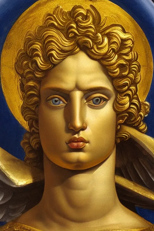 Image similar to archangel Michael, angry face, closeup, ultra detailed, made in gold, Guido Reni style