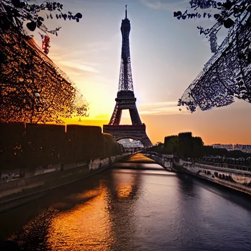 Prompt: flying dragon over the eiffel tower, paris, sunset