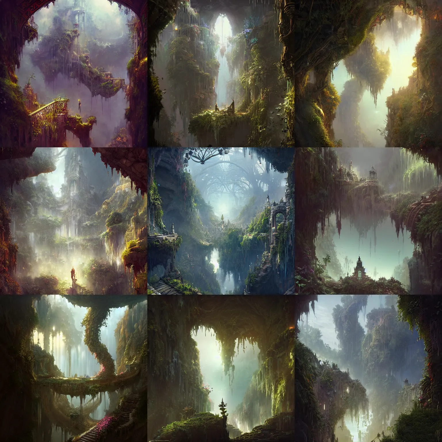 Prompt: victorian hanging gardens on the bottom of a cliff, archways, large glass ceilings, light dust, by peter mohrbacher dan mumford craig mullins nekro, cgsociety, pixiv, volumetric light, 3 d render