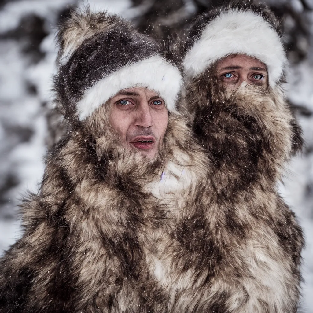 Image similar to highly detailed portrait photography gaze of a mad face, wearing a fine velvet silk face cover, in winter, 105mm f2.8 at the north pole