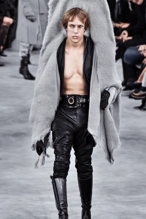 Image similar to 2 3 year old luke skywalker models for chanel, on the runway, fashion photoshoot, full body, chanel boots, chic, beautiful color grading, confident, highly detailed, beautiful photo