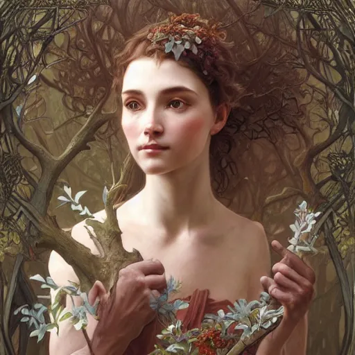 Image similar to portrait of a treefolk, intricate, elegant, highly detailed, digital painting, artstation, concept art, smooth, sharp focus, illustration, art by artgerm and greg rutkowski and alphonse mucha and william - adolphe bouguereau