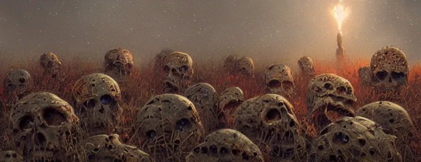 Image similar to landscape photo of mysteriously adorned skulls with fireflies in a barren landscape, by Beksinski and Greg Rutkowski and Giger and Lovecraft, cinematic, cinematic lighting, 4K, trending on artstation, photorealistic, cineovision