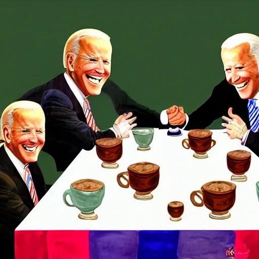 Prompt: a painting of joe biden laugh in tea party with taliban, ultra detailed content : face, gesture, body, mimic. random position content, frontal realistic, sharp focus, intricate, dynamic composition, rgb colors, remove duplicate contents.