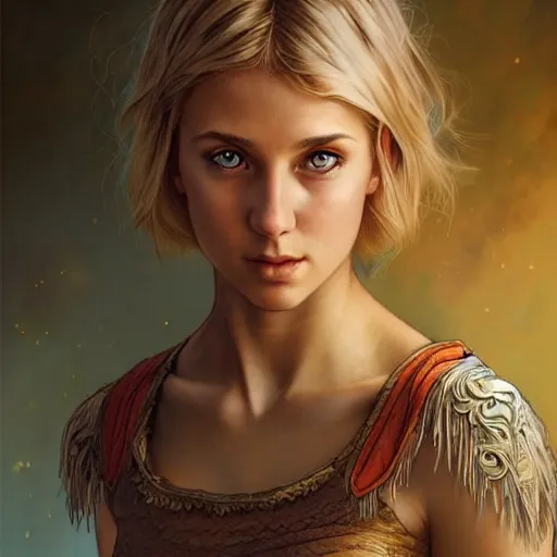 Prompt: an epic fantasy comic book style portrait painting of a young blonde girl with pixie haircut wearing plain tank top, confident, fantasy, intricate, elegant, highly detailed, digital painting, artstation, concept art, matte, sharp focus, illustration, art by artgerm and greg rutkowski and alphonse mucha