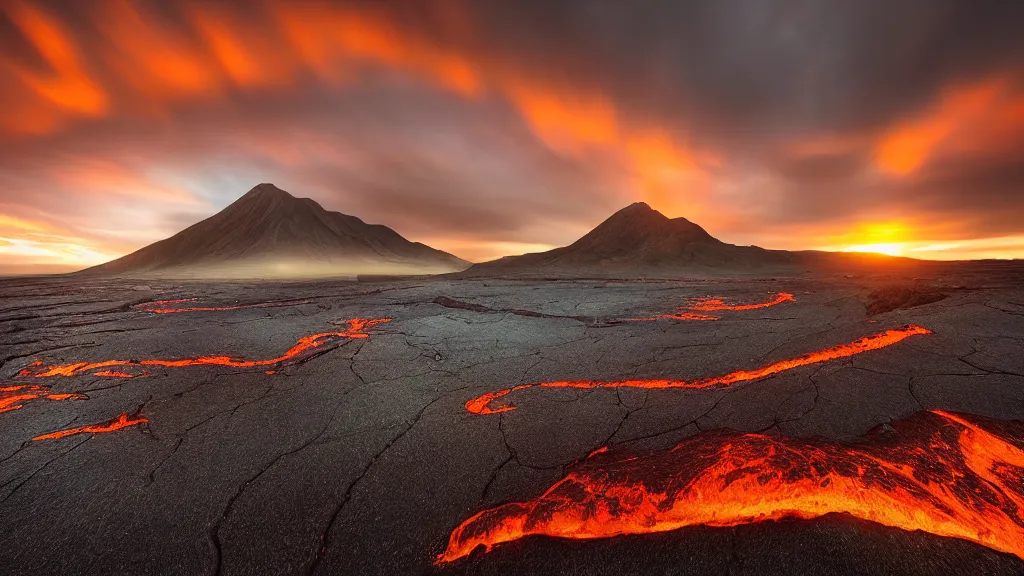 Prompt: marc adamus, the hero of diffusion model photography, dramatic!, sunset!, hdr! wow! so much dynamic range! wide angles! lava landscape