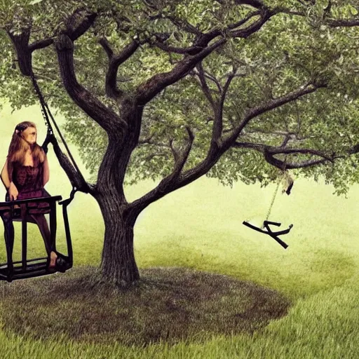 Prompt: a man is sitting in a garden swing by apple tree. a girl holds a very large silver key. folk horror. eerie. fine detail. realistic. fireflies.