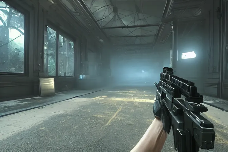 Image similar to a first person shooter game trailer on a victorian shopping mall, cinematic lightning, ray tracing, unreal engine 5, photorealistic, holding a ak - 4 7, fps game concept, extremely detailed, foggy, in - game footage