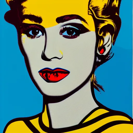Image similar to female portrait in oil by james jean, by andy warhol, by roy lichtenstein