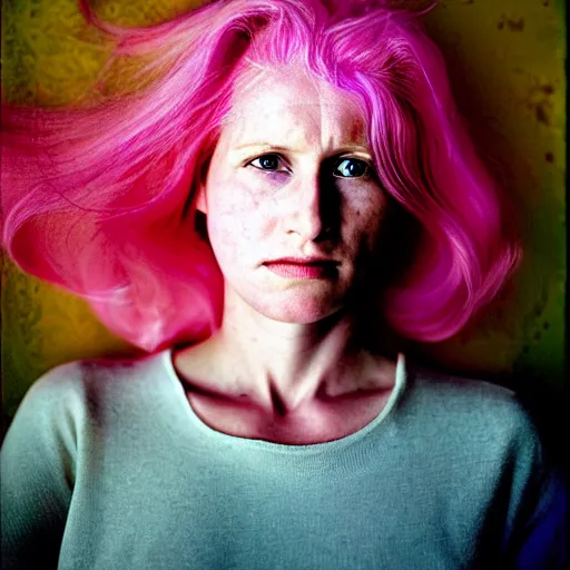 Image similar to a beautiful woman with pink hair and fair skin, portrait photograph, nikon 3 5 mm, photograph by annie leibovitz and steve mccurry,