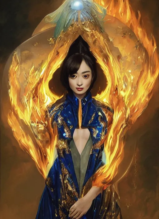 Prompt: portrait of ravishing Italian high-end expensive Goddess Suzu Hirose unleashing a devastating multiversal blazing fireball, wearing futuristic luxurious white and little royal blue suit, captivating, beautiful look, face anatomy, surreal and allegorical, octane render, art by Karol Bak, Karol bak pastiche by Peter Mohrbacher