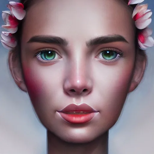 Image similar to flower pedals face hyperrealistic portrait, photo realistic, poster, artstation, volumetric lighting, digital art, very detailed face by magali villeneuve