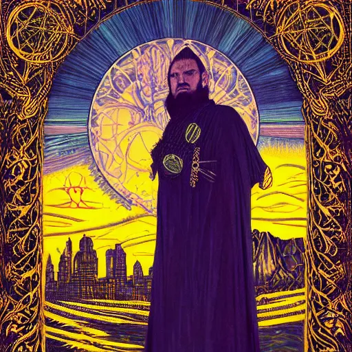 Prompt: a majestic portrait of the king in yellow, in front of a fantasy city, with black suns in the sky, intricate, dark colors, art nouveau