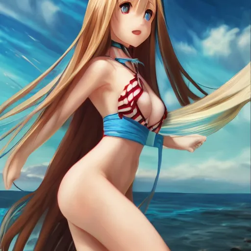 Image similar to a very beautiful young yuuki asuna, full body, long wavy blond hair, sky blue eyes, full round face,, bikini, miniskirt, front view, mid - shot, highly detailed, cinematic wallpaper by stanley artgerm lau