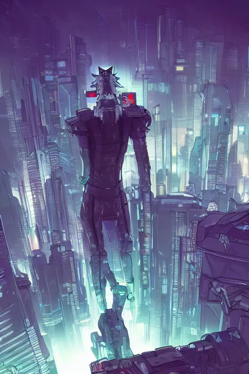 Image similar to a cyberpunk anthropomorphic cat with a fluffy tail staring over a futuristic city from the top of a roof, comic art, trending on furaffinity, cyberpunk, backlighting, cartoon, by kawacy