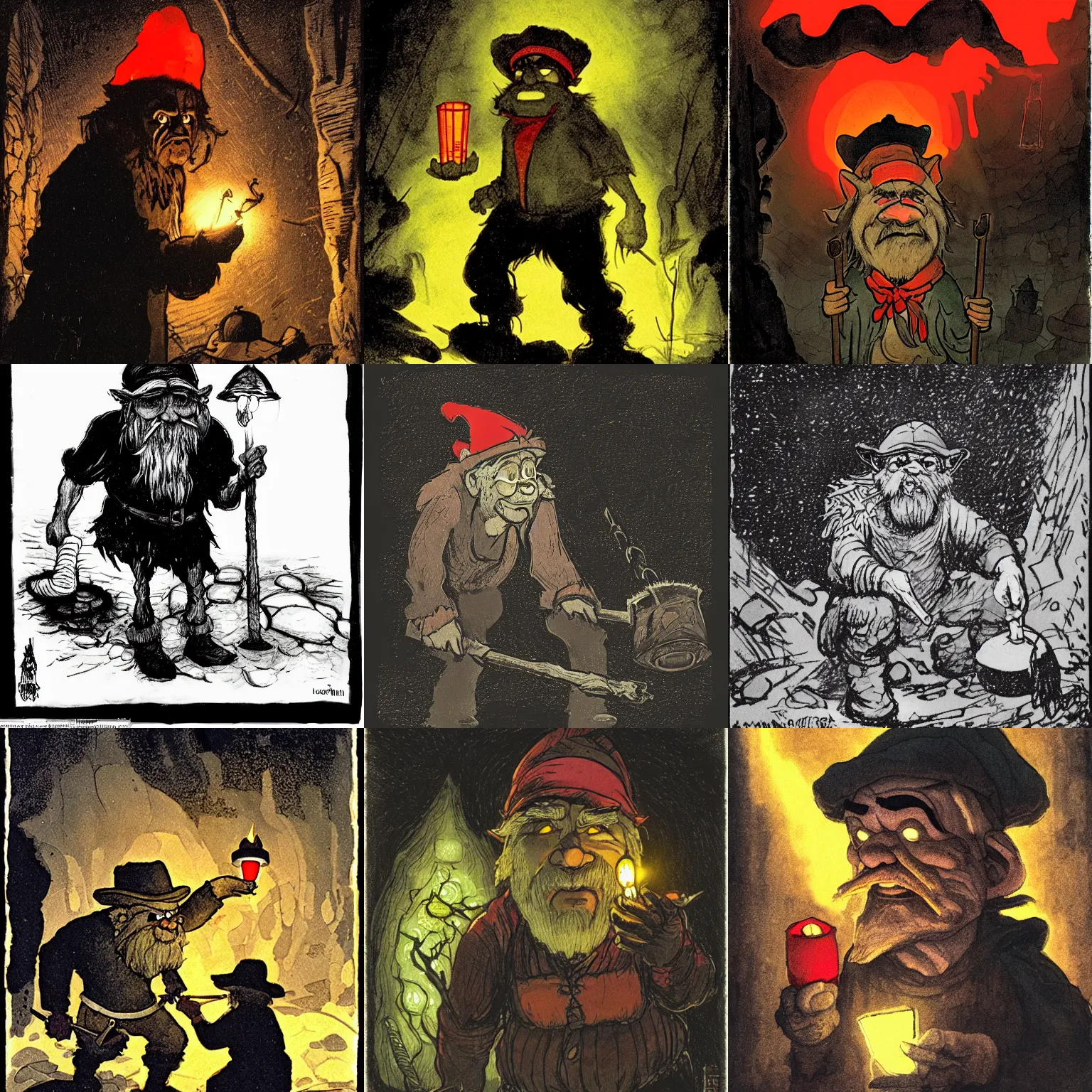 Prompt: an angry, grimy, dirty, grumpy [ old ], miner elf ( with red hat and a glowing latern ) in a pitch black mine, looks into the camera. angry kubrick stare, low key lighting, high contrast, theatrical, fairy tale illustration, character concept art by ivan bilibin, goya and rembrrandt