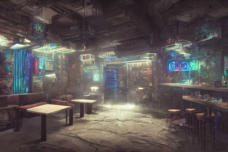 Image similar to Highly detailed Digital concept interior design in style of Hiromasa Ogura and Josan Gonzalez of cyberpunk tavern with stone walls and neon lights, a lot of electronics, many details. Natural white sunlight from the transperient roof. Rendered in VRAY and DaVinci Resolve and MAXWELL and LUMION 3D, Volumetric natural light