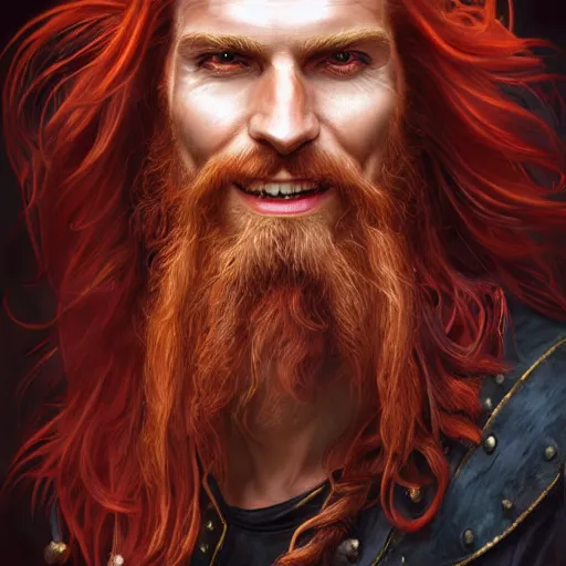 Image similar to portrait of a young ruggedly handsome but joyful pirate, male, masculine, upper body, red crimson hair, long long long flowing hair, fantasy, proud smirk, intricate, elegant, highly detailed, digital painting, artstation, concept art, matte, sharp focus, illustration, art by artgerm and greg rutkowski and alphonse mucha