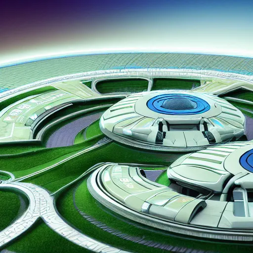 Image similar to a futuristic city located on a space station, the city is white with green lawns and parks. the houses are built in different planes on the huge rings of the station. the city consists of different houses park areas and lakes. in the style of york town from the movie star trek beyond. a cinematographic 7 5 mm shot octane render, 8 k, high resolution
