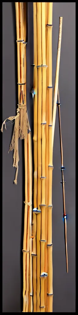 Image similar to picture of a single wooden long straight thin ninja fighting staff with oriental ornaments, bamboo, weapon, highlight, vertical, centred, highly symmetric, sci - fi, fantasy, japan, dnd, close shot, bright uniform background, award winning