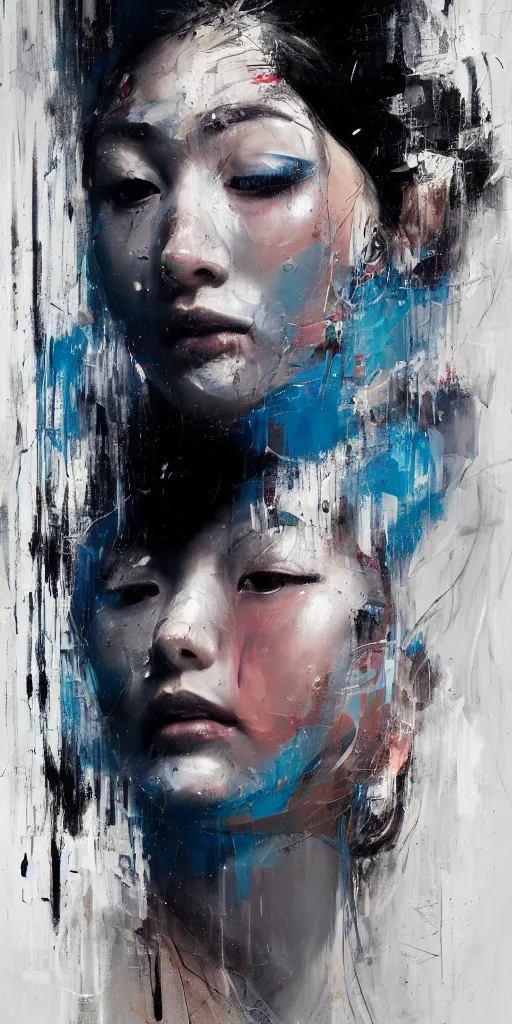 Prompt: highly detailled black and white realistic portrait of a geisha, night club, intimate, pastel blue colors, beautiful face, rule of thirds, spotlight, drips of paint, expressive, passionate, by jenny saville, by greg rutkowski, by jeremy mann, by francoise nielly, digital painting