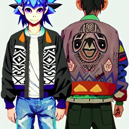 Image similar to majora majora's mask wearing oversized mayan bomber jacket with overalls, bulky poofy bomber jacket with mayan patterns, aztec street fashion, botw art style, gapmoe yandere grimdark, trending on pixiv fanbox, painted by greg rutkowski makoto shinkai takashi takeuchi studio ghibli, akihiko yoshida