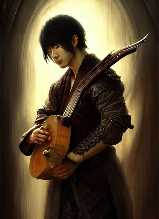 Image similar to modern japanese male bard playing lute, full body, hyper realistic, blade runner, extremely detailed, dnd character art portrait, dark fantasy art, intricate fantasy painting, steampunk, dramatic lighting, vivid colors, deviantart, artstation, by clyde caldwell and krenz cushart and artem demura and john williams waterhouse