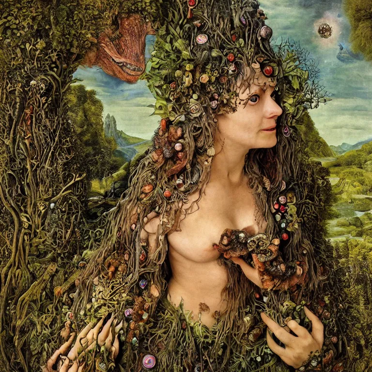 Prompt: a fish eye lense photograph of a grinning druid dryad with goat pupils transforming herself into a mad beast. her skin is covered in scales and feathers. wide landscape with mountains, river and night sky. painted by jan van eyck, max ernst and ernst haeckel, trending on artstation, 8 k, award winning, hard lighting, fashion editorial