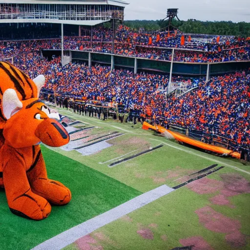 Prompt: aubie the tiger standing on a collapsed elephant, jordan hare stadium, ultra realistic
