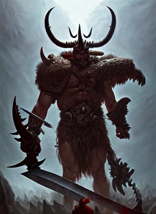 Image similar to a barbarian male horned demon with a huge sword and wings, dim light, front game card, marvel comics, dark, intricate, highly detailed, smooth, artstation, digital illustration by ruan jia and mandy jurgens and artgerm and wayne barlowe and greg rutkowski and zdislav beksinski