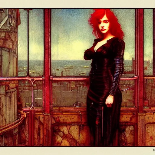 Prompt: redhead female cyberpunk, dreamin, wires cables skulls, machines, in the style of john william waterhouse, kilian eng, rosetti, john everett millais, william holman hunt, 4 k photo autochrome