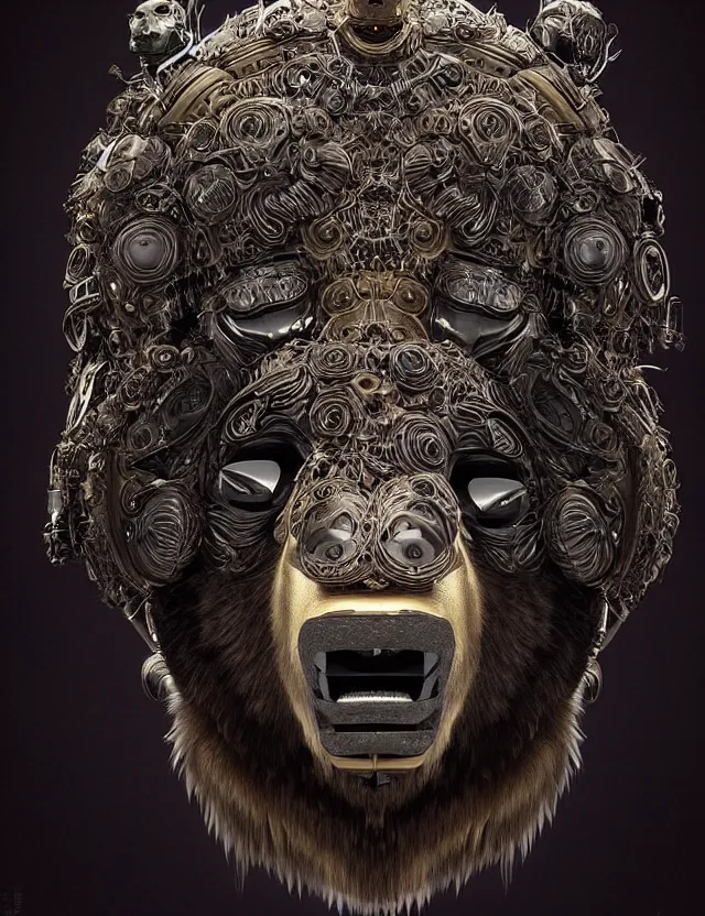 Prompt: 3 d black god wide angle portrait with bear skin and fur. beautiful intricately detailed avante garde bear mask and cybernetic outfit. ecodelic symbiosis, polyphonic communication, pulse projections, shipibo patterns, plasma, creature, artwork by tooth wu and android jones wlop and android jones and beeple and greg rutkowski