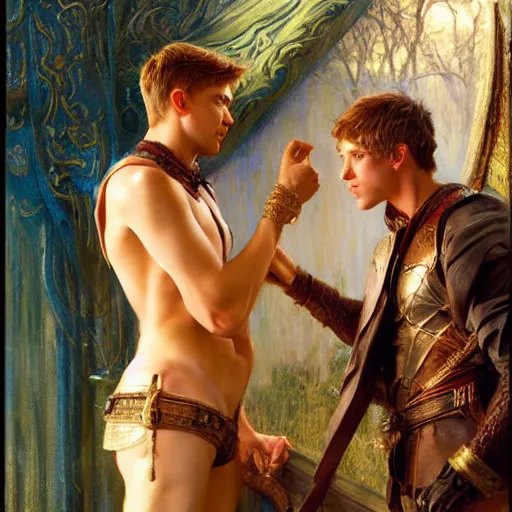 Image similar to attractive male arthur pendragon confesses his love to attractive male merlin. highly detailed painting by gaston bussiere, craig mullins, j. c. leyendecker 8 k