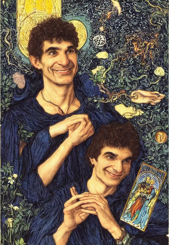 Image similar to Yoshua Bengio smiling on the Rider–Waite tarot. Illustration by preraphaelists.