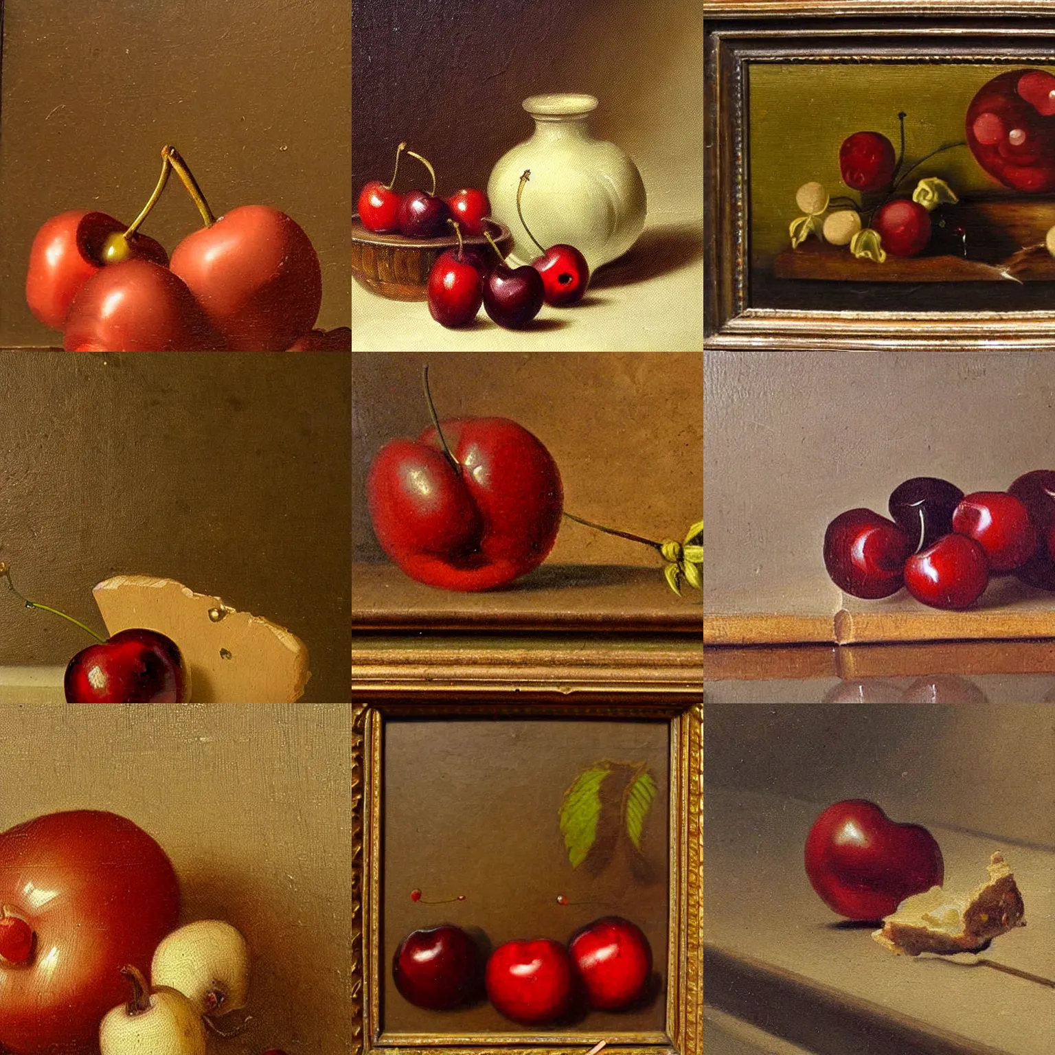 Prompt: insanely fine detail, still life xix century classical academical oil paintintg, a fragment with a close - up cherry. flemish baroque, dutch, netherlands.