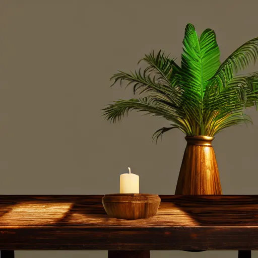 Image similar to a large vase with palms on top of a antique wooden table, vegetables on table and candle, medieval old concept art, cinematic lightning and colors, vray tracing, rendered in unreal engine, dark lightning, contrast shadows, super detailed, 8 k