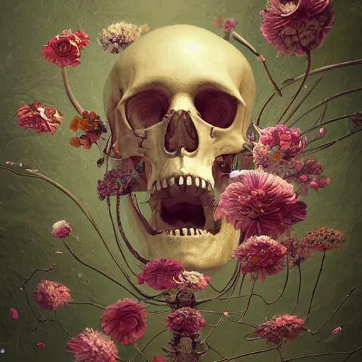 Image similar to biomorphic painting of a skeleton with flowers, au naturel, hyper detailed, digital art, trending in artstation, cinematic lighting, studio quality, smooth render, unreal engine 5 rendered, octane rendered, art style by klimt and nixeu and ian sprigger and wlop and krenz cushart