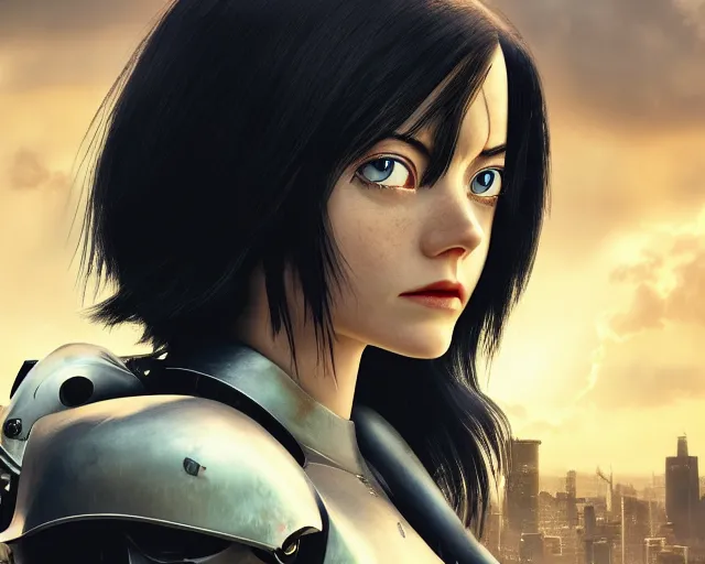 Image similar to a film still from battle angel alita played by actress emma stone, portrait, cinematic lighting, photorealistic, hyperrealistic, highly detailed, photorealistic, high resolution, 4 k